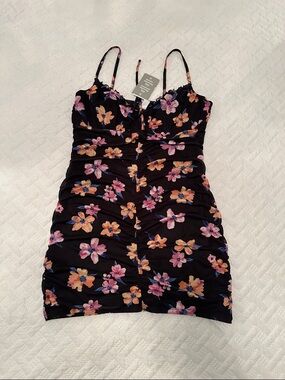 Black Floral Ruched Mesh Dress with Pink & Peach Flowers